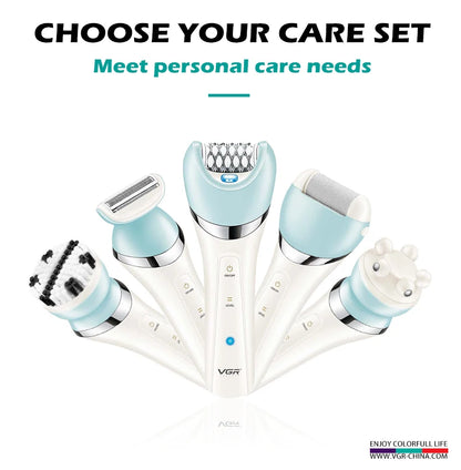 VGR Epilator 5 In 1 Electri Women Epilator Female Shaver Leg Body Hair Remover Lady Bikini Trimmer Facial Cleaning Massage V-703