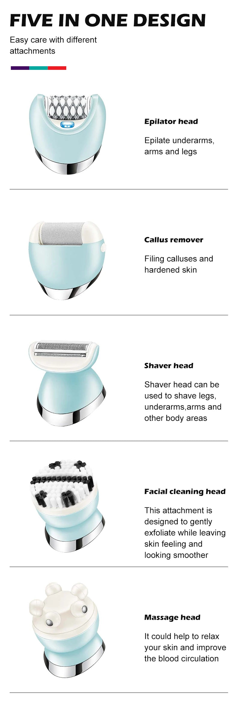 VGR Epilator 5 In 1 Electri Women Epilator Female Shaver Leg Body Hair Remover Lady Bikini Trimmer Facial Cleaning Massage V-703