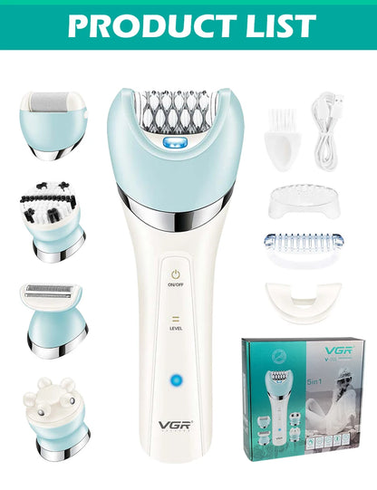 VGR Epilator 5 In 1 Electri Women Epilator Female Shaver Leg Body Hair Remover Lady Bikini Trimmer Facial Cleaning Massage V-703
