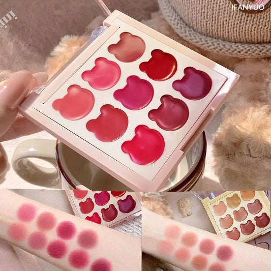 9Color Bear Lipstick Palette Lip Mud Matte Sweet Warm Colors Cheeks Blush Non-stick Cup Lip Gloss Facial Beauty Cosmetic Makeup