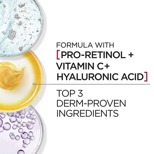 Cosmetic product with text highlighting Pro-Retinol, Vitamin C, and Hyaluronic Acid as top derm-proven ingredients.